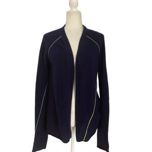 InCashmere Cashmere Open Front Cardigan Sweater in Blue with Contrast Trim